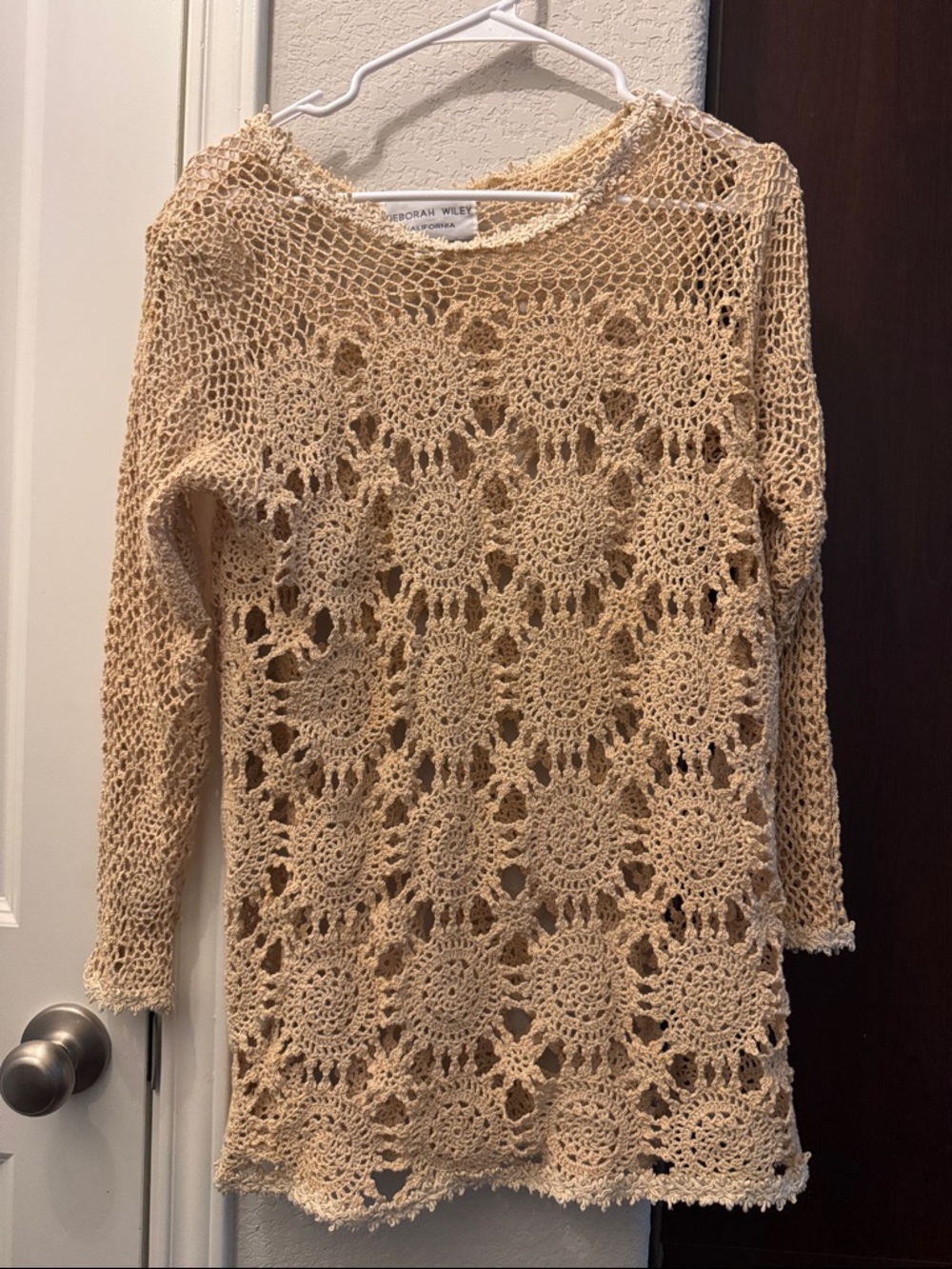 Beige Crochet Knit Long-Sleeve Blouse